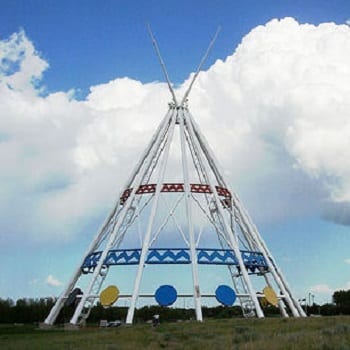 The Saamis Tepee is lit blue and gold, the colors of the Ukrainian flag