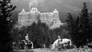 Black and white picture of Fairmont Banff Springs Hotel
